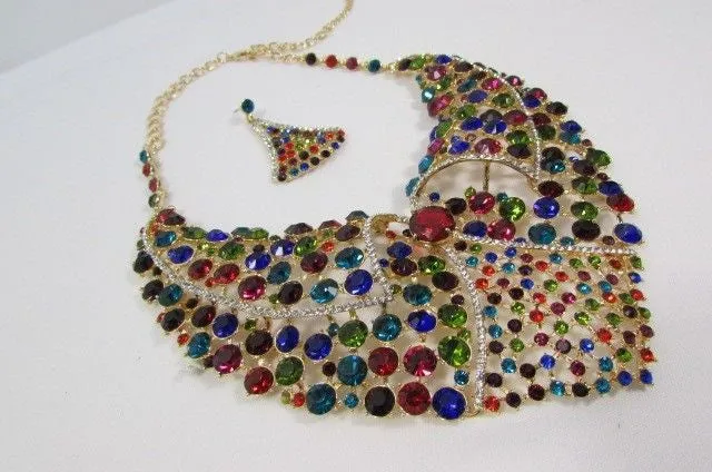 Red Pink Silver Colored Rhinestones Collar Chains Necklace Earrings Set