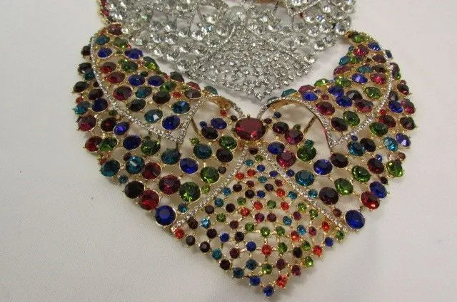 Red Pink Silver Colored Rhinestones Collar Chains Necklace Earrings Set