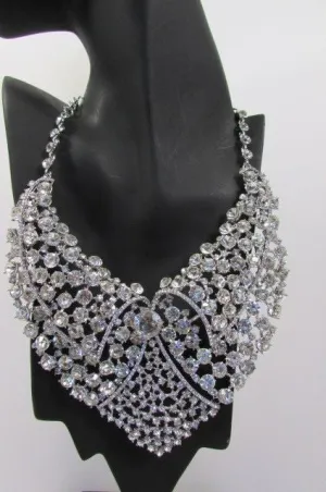 Red Pink Silver Colored Rhinestones Collar Chains Necklace Earrings Set