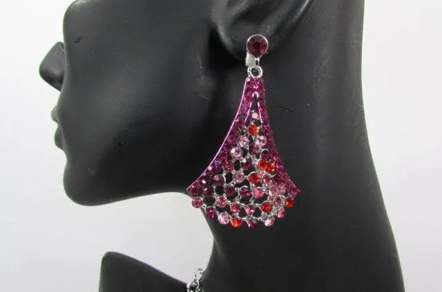 Red Pink Silver Colored Rhinestones Collar Chains Necklace Earrings Set