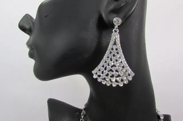 Red Pink Silver Colored Rhinestones Collar Chains Necklace Earrings Set