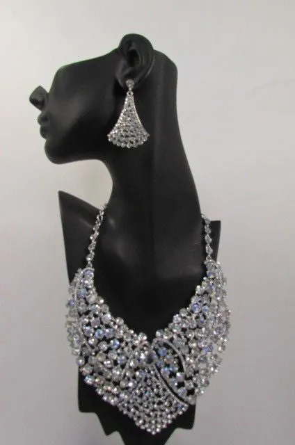 Red Pink Silver Colored Rhinestones Collar Chains Necklace Earrings Set