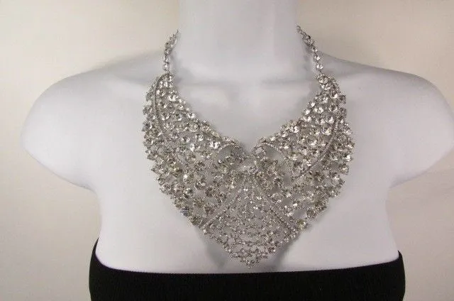 Red Pink Silver Colored Rhinestones Collar Chains Necklace Earrings Set
