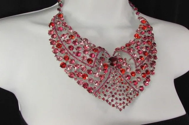 Red Pink Silver Colored Rhinestones Collar Chains Necklace Earrings Set