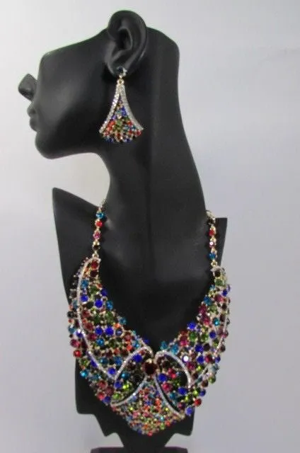 Red Pink Silver Colored Rhinestones Collar Chains Necklace Earrings Set