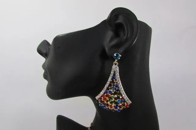 Red Pink Silver Colored Rhinestones Collar Chains Necklace Earrings Set