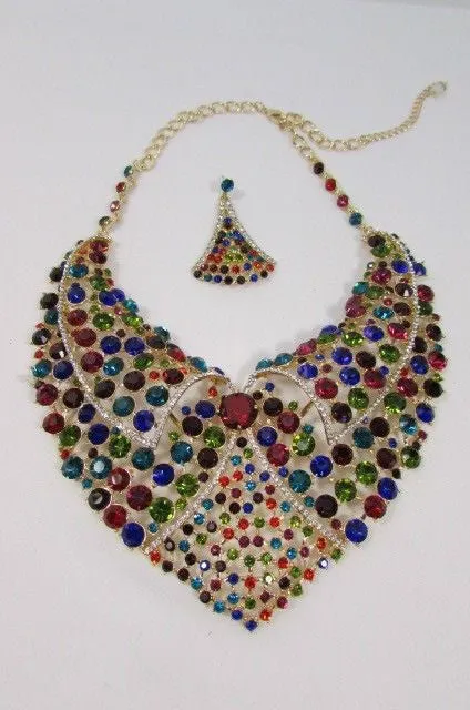 Red Pink Silver Colored Rhinestones Collar Chains Necklace Earrings Set