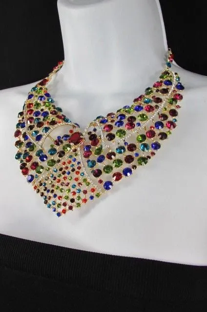 Red Pink Silver Colored Rhinestones Collar Chains Necklace Earrings Set