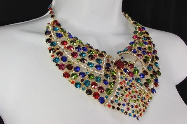 Red Pink Silver Colored Rhinestones Collar Chains Necklace Earrings Set