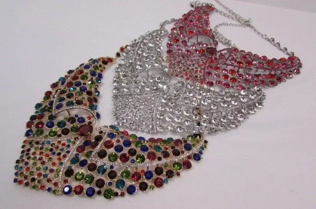 Red Pink Silver Colored Rhinestones Collar Chains Necklace Earrings Set