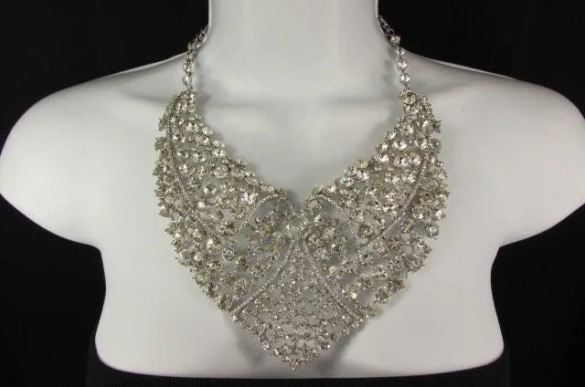 Red Pink Silver Colored Rhinestones Collar Chains Necklace Earrings Set
