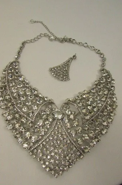 Red Pink Silver Colored Rhinestones Collar Chains Necklace Earrings Set
