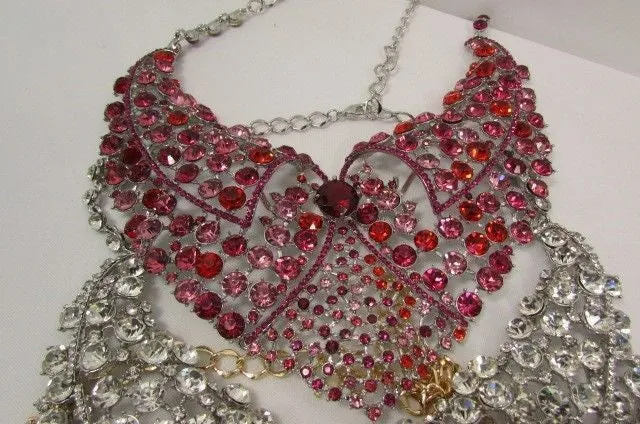 Red Pink Silver Colored Rhinestones Collar Chains Necklace Earrings Set