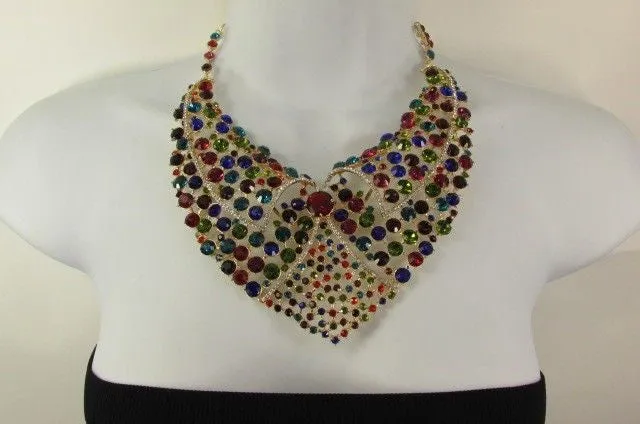 Red Pink Silver Colored Rhinestones Collar Chains Necklace Earrings Set