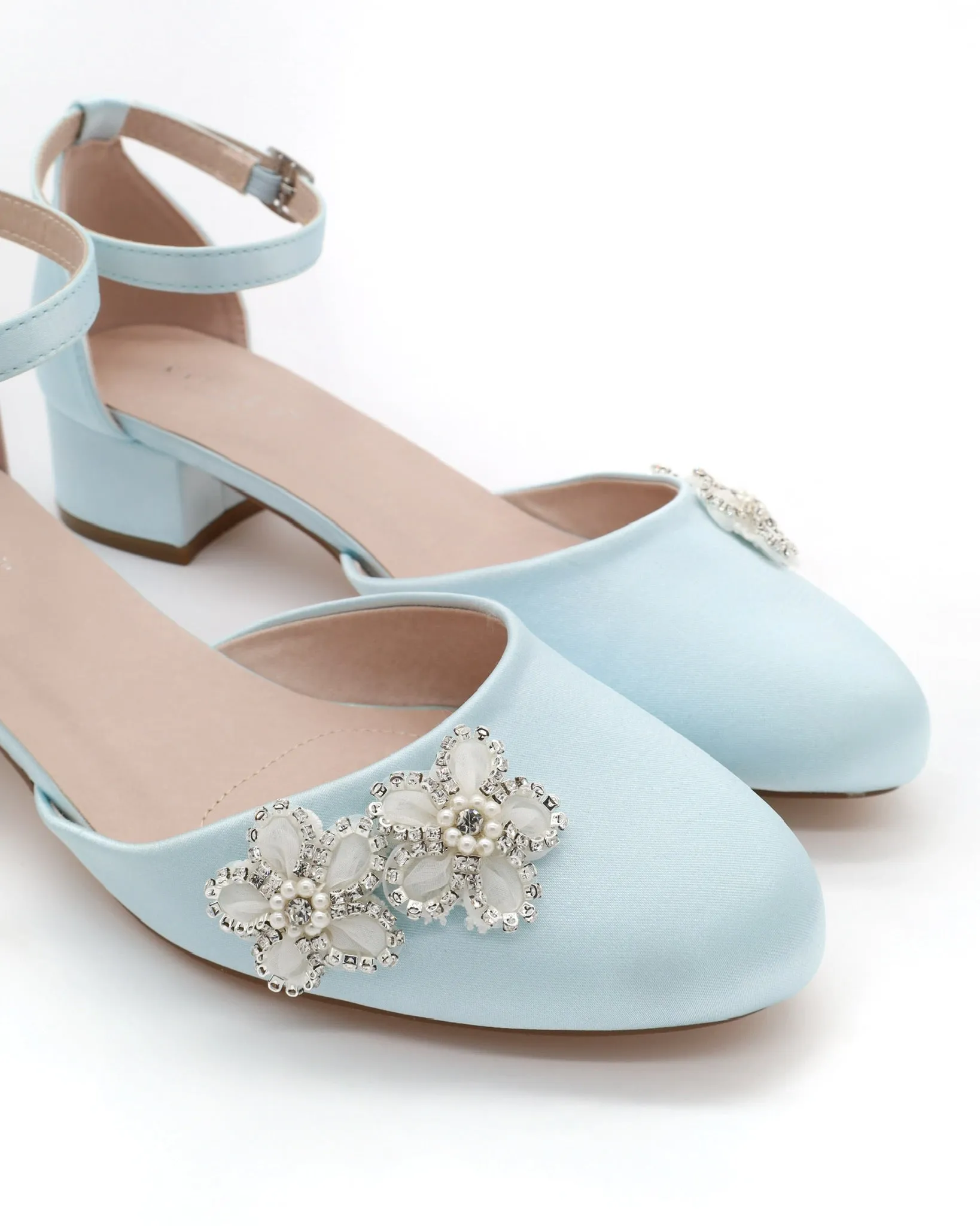 Round Toe Satin Block Heel with Rhinestones Chassia Flower