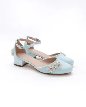 Round Toe Satin Block Heel with Rhinestones Chassia Flower
