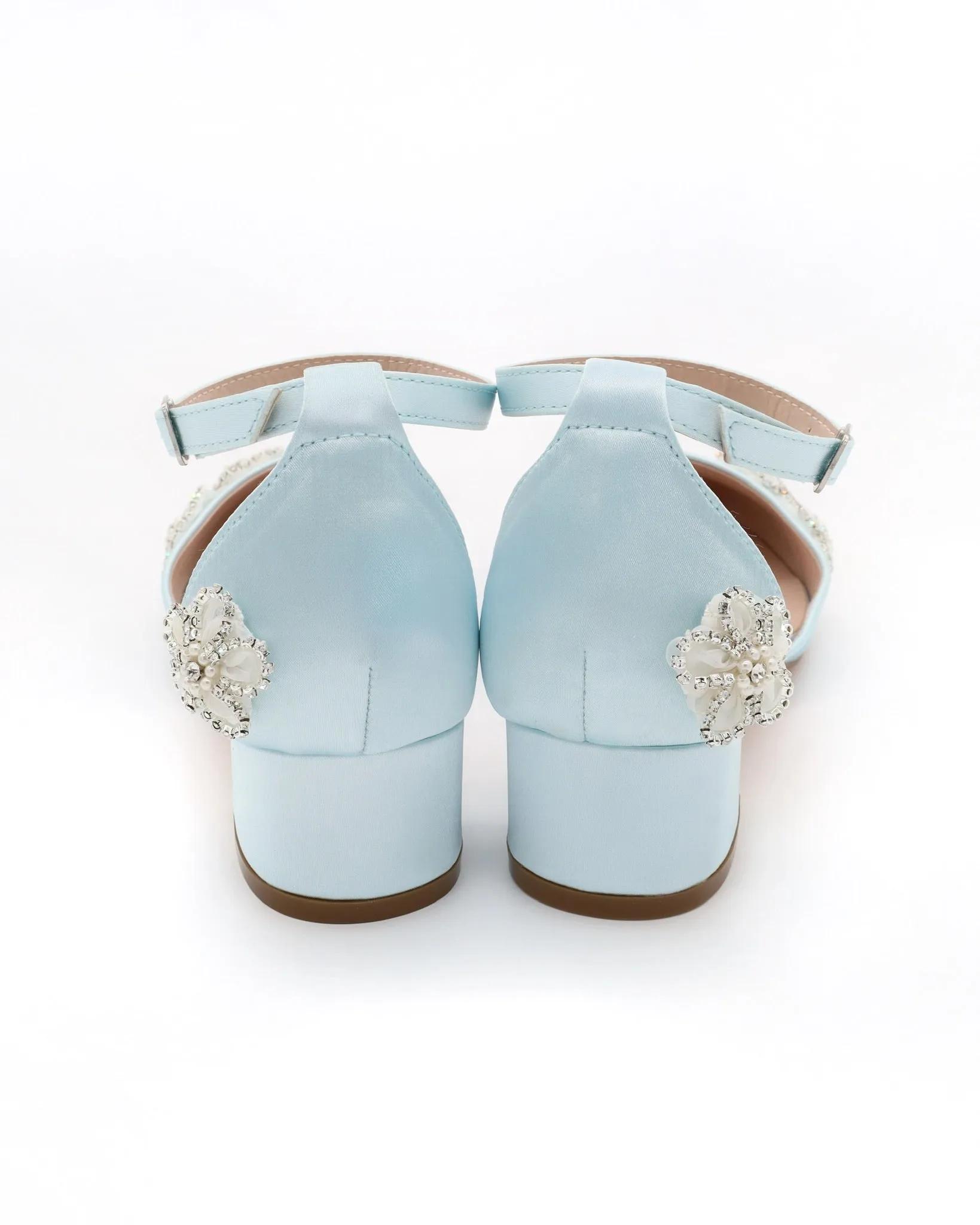 Round Toe Satin Block Heel with Rhinestones Chassia Flower