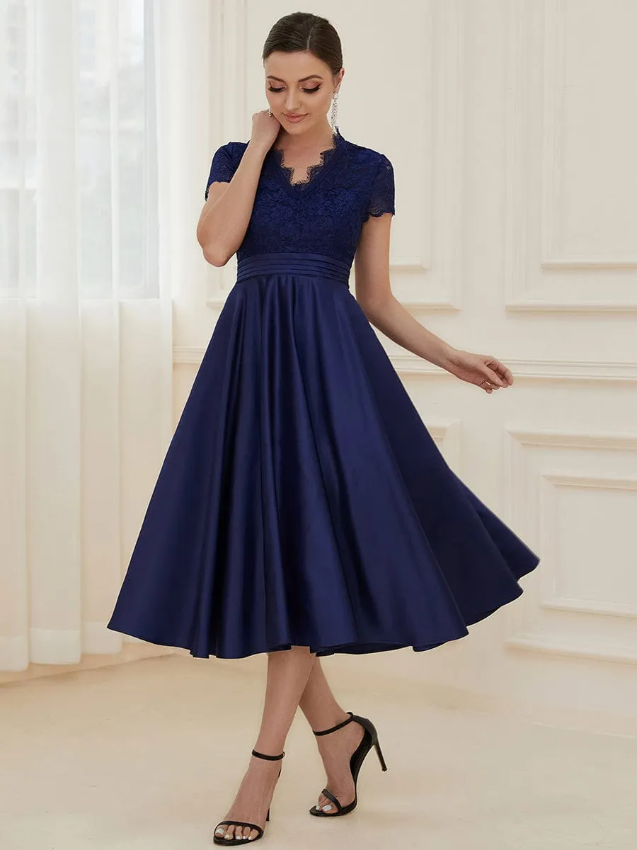 Roycebridal June classy tea length lace and satin mother of the bride dress