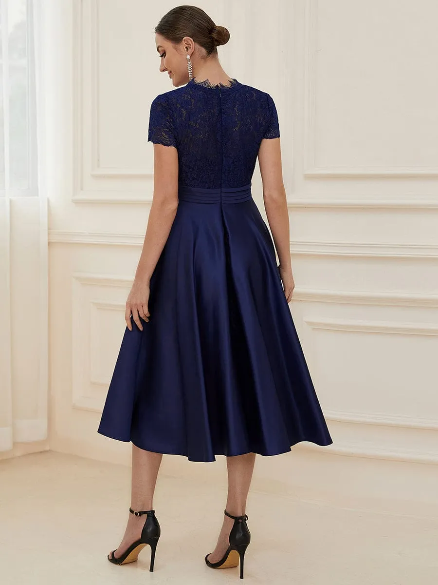 Roycebridal June classy tea length lace and satin mother of the bride dress