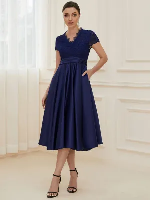 Roycebridal June classy tea length lace and satin mother of the bride dress