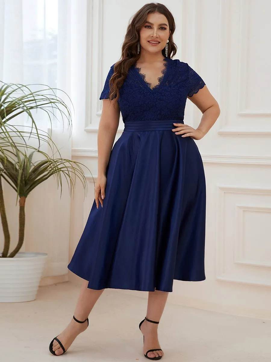 Roycebridal June classy tea length lace and satin mother of the bride dress
