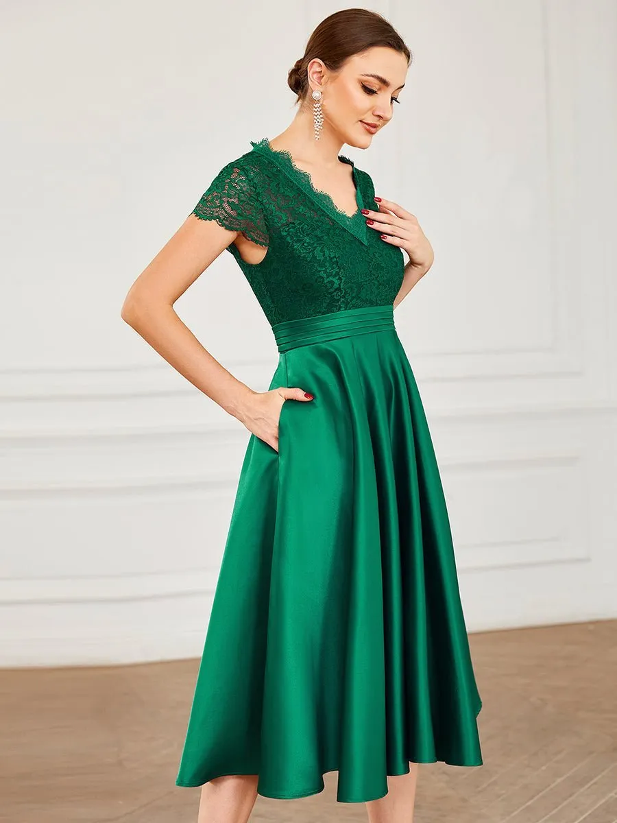 Roycebridal June classy tea length lace and satin mother of the bride dress