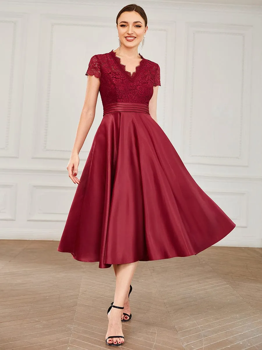 Roycebridal June classy tea length lace and satin mother of the bride dress