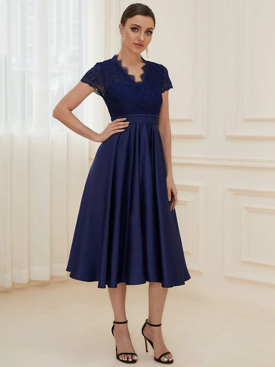 Roycebridal June classy tea length lace and satin mother of the bride dress