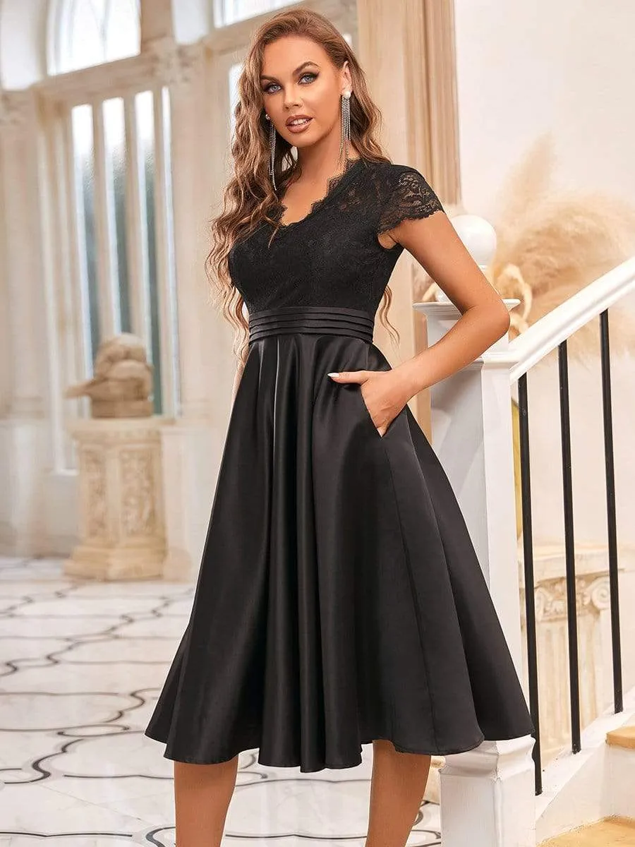 Roycebridal June classy tea length lace and satin mother of the bride dress