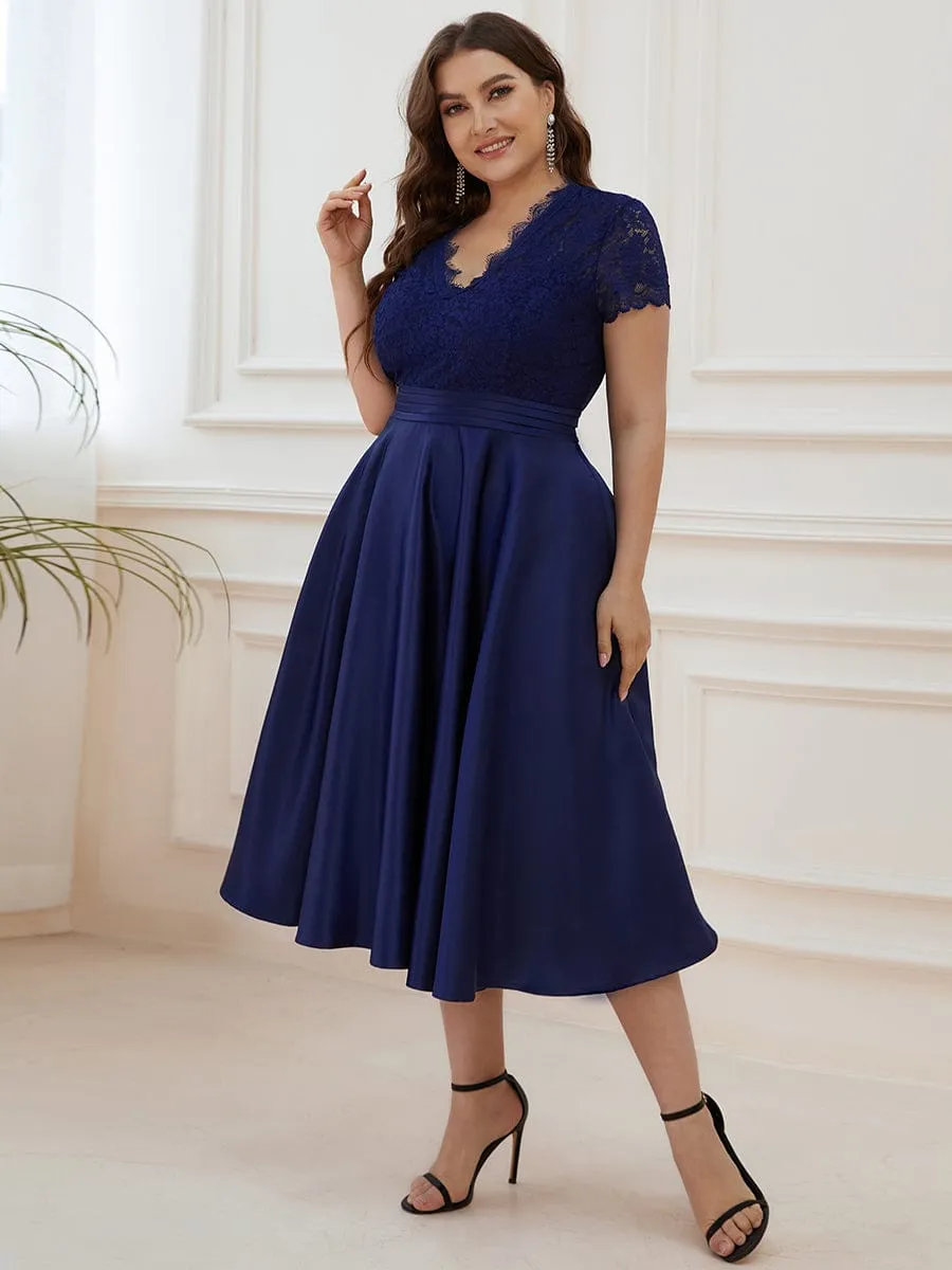 Roycebridal June classy tea length lace and satin mother of the bride dress