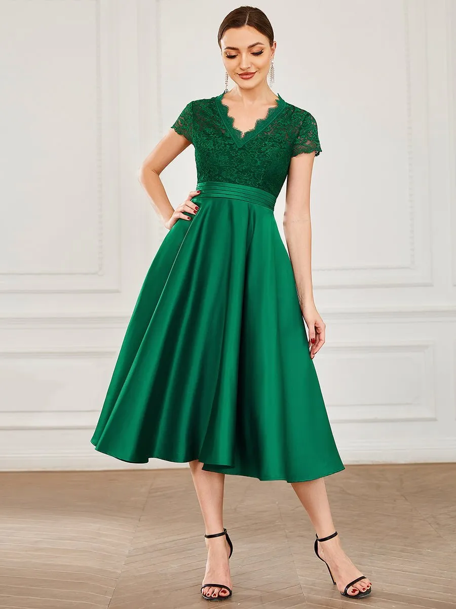 Roycebridal June classy tea length lace and satin mother of the bride dress