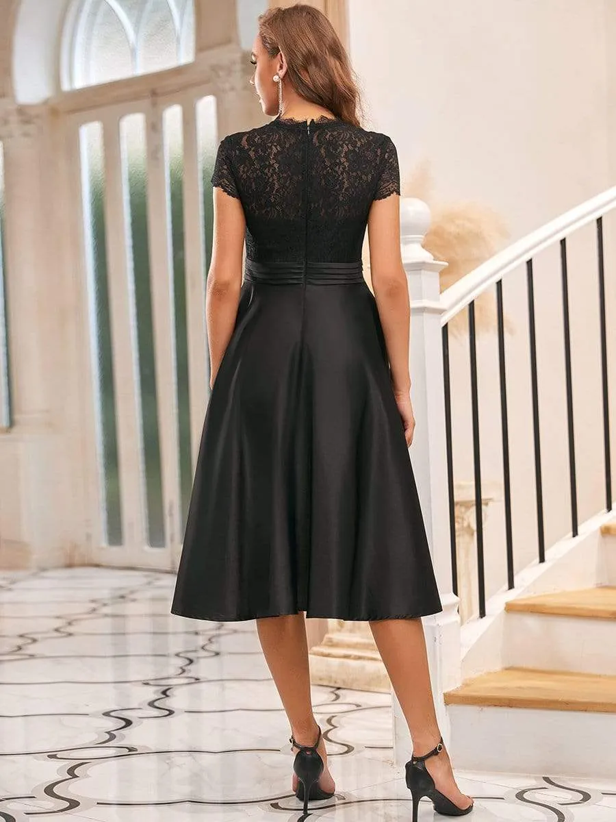 Roycebridal June classy tea length lace and satin mother of the bride dress