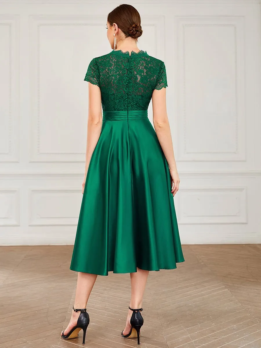 Roycebridal June classy tea length lace and satin mother of the bride dress
