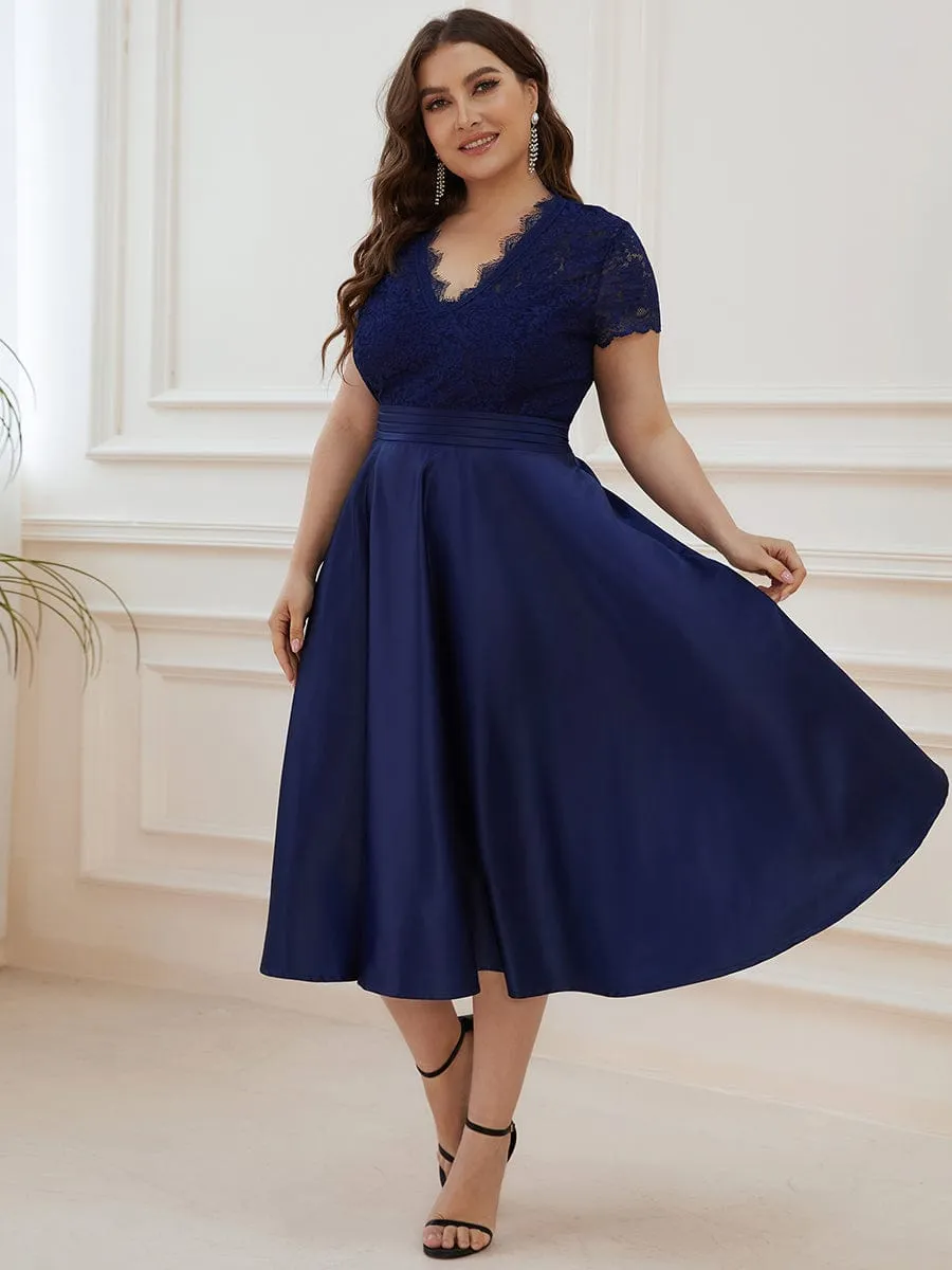 Roycebridal June classy tea length lace and satin mother of the bride dress