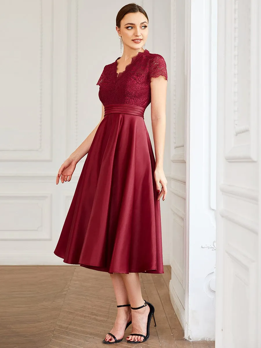 Roycebridal June classy tea length lace and satin mother of the bride dress