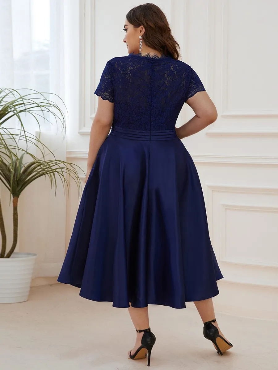 Roycebridal June classy tea length lace and satin mother of the bride dress