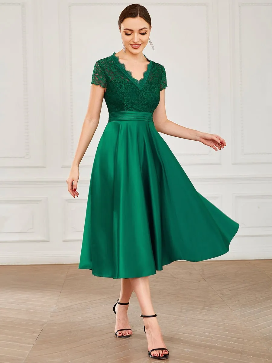 Roycebridal June classy tea length lace and satin mother of the bride dress