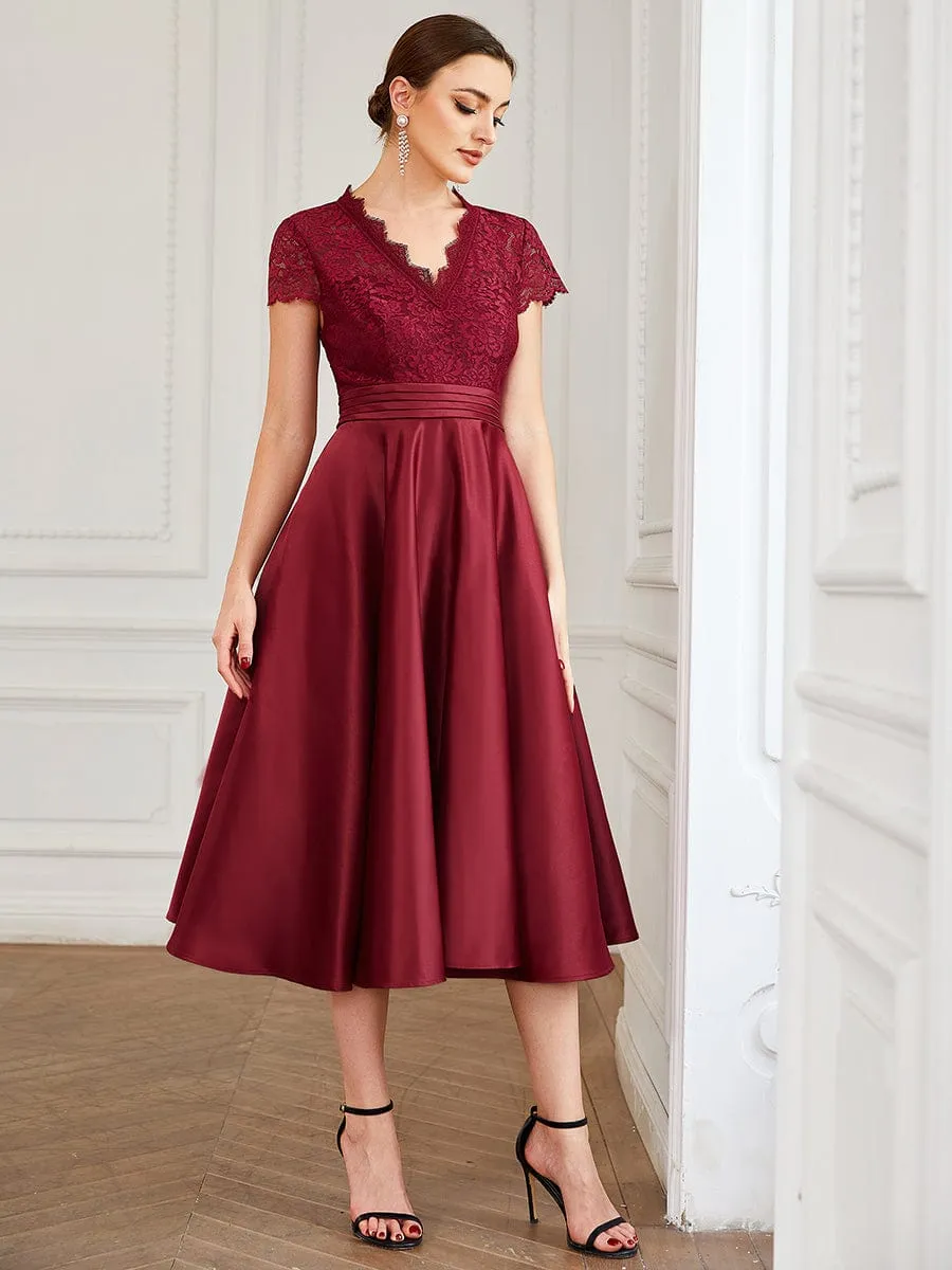 Roycebridal June classy tea length lace and satin mother of the bride dress