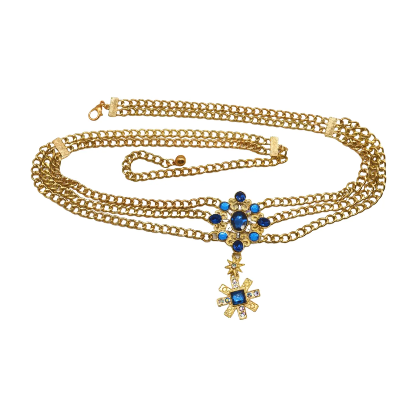Rusty Gold Metal Chain Belt British Blue Cross Star Charms M