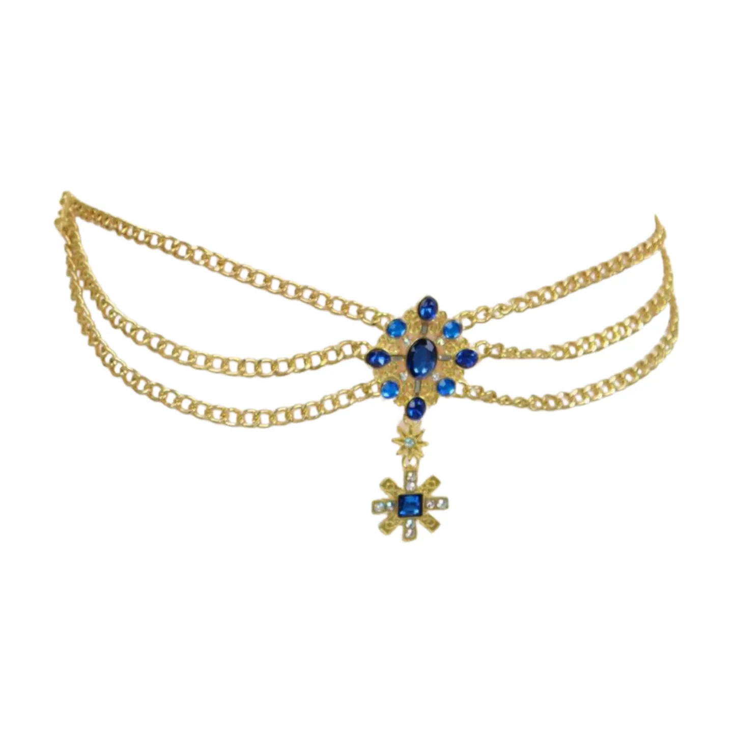 Rusty Gold Metal Chain Belt British Blue Cross Star Charms M
