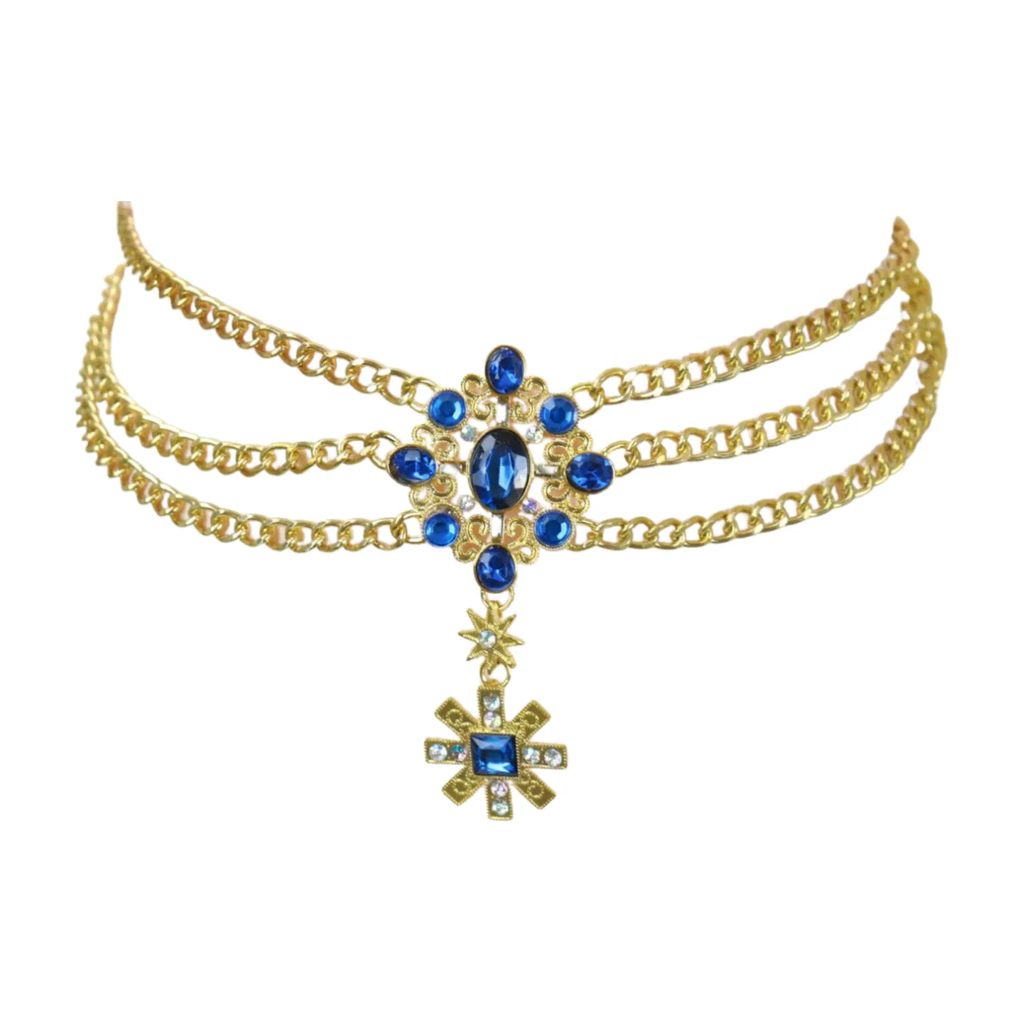 Rusty Gold Metal Chain Belt British Blue Cross Star Charms M