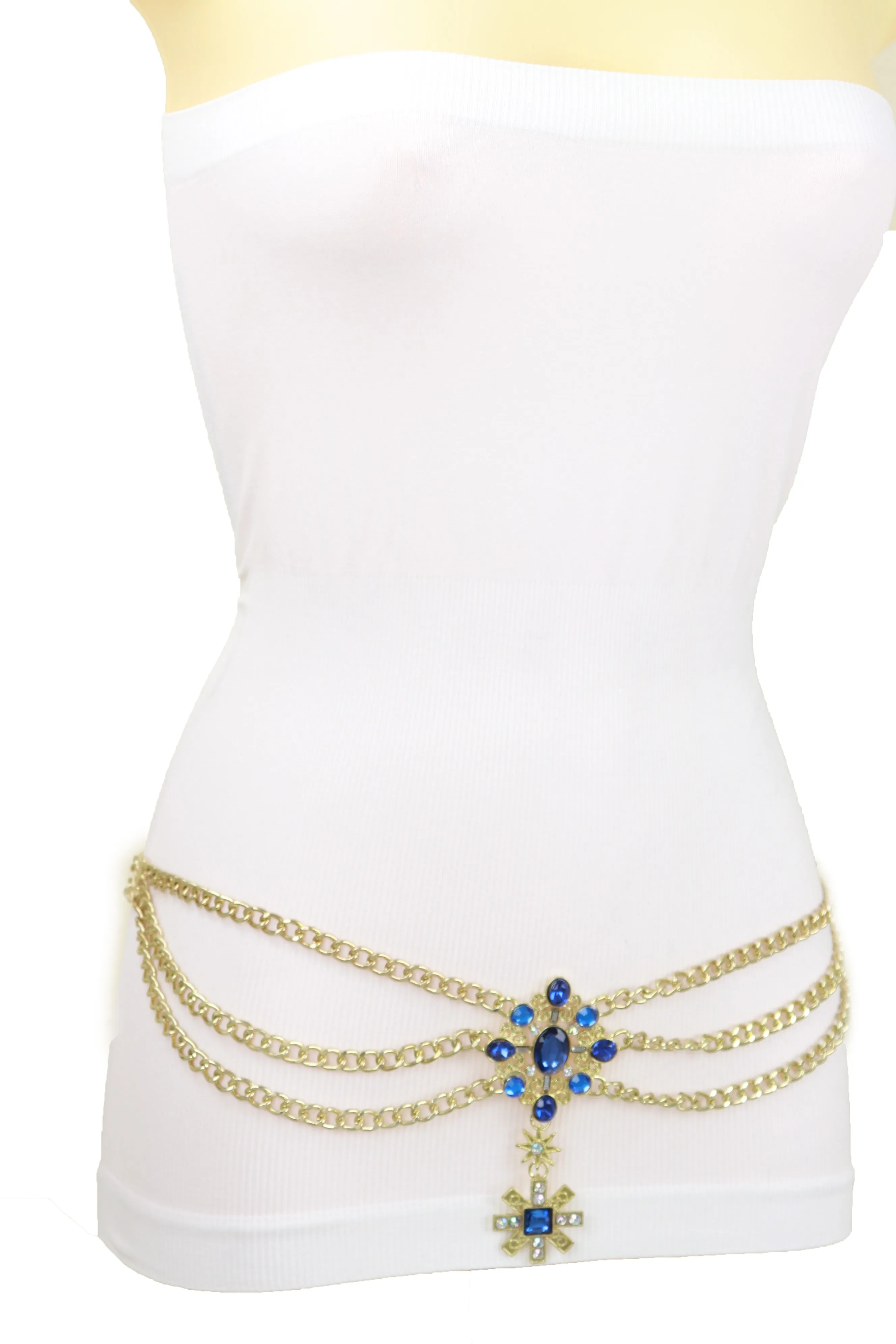 Rusty Gold Metal Chain Belt British Blue Cross Star Charms M