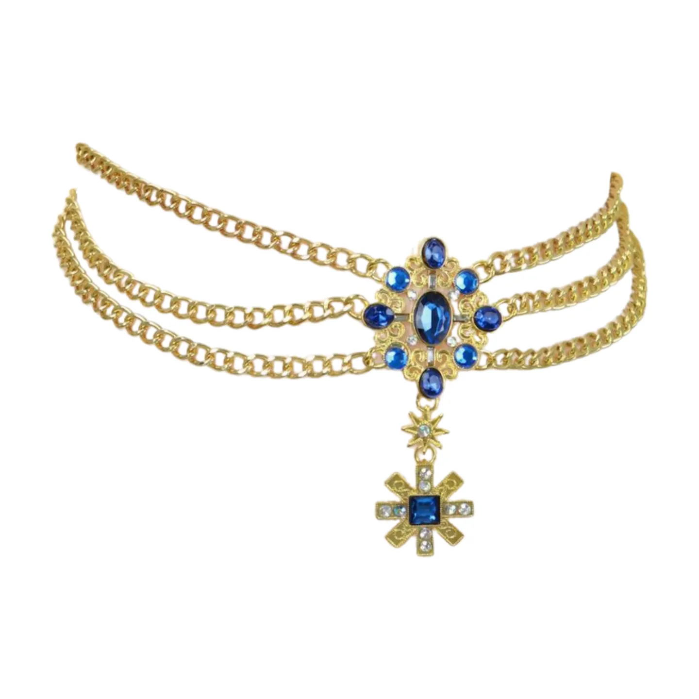 Rusty Gold Metal Chain Belt British Blue Cross Star Charms M