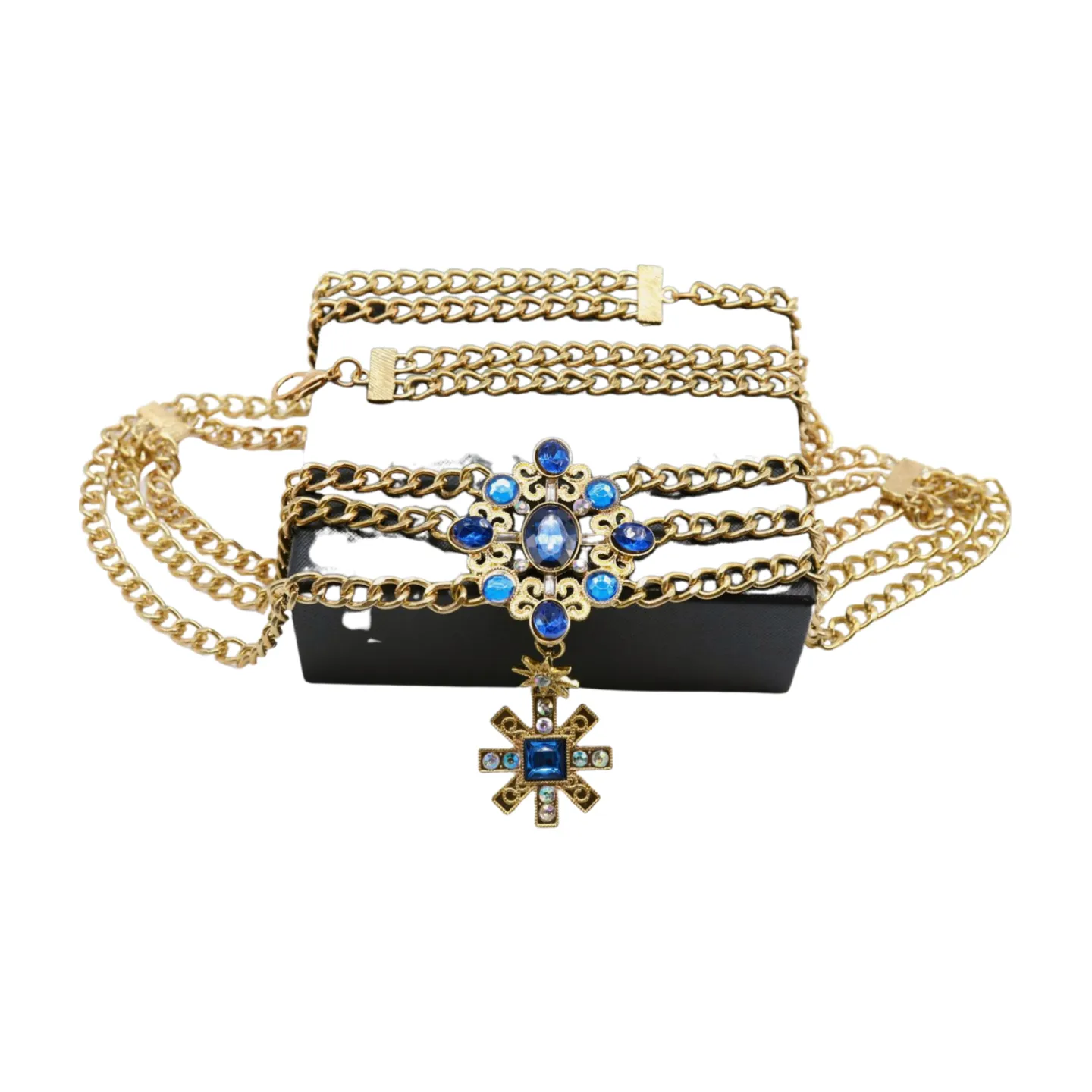 Rusty Gold Metal Chain Belt British Blue Cross Star Charms M