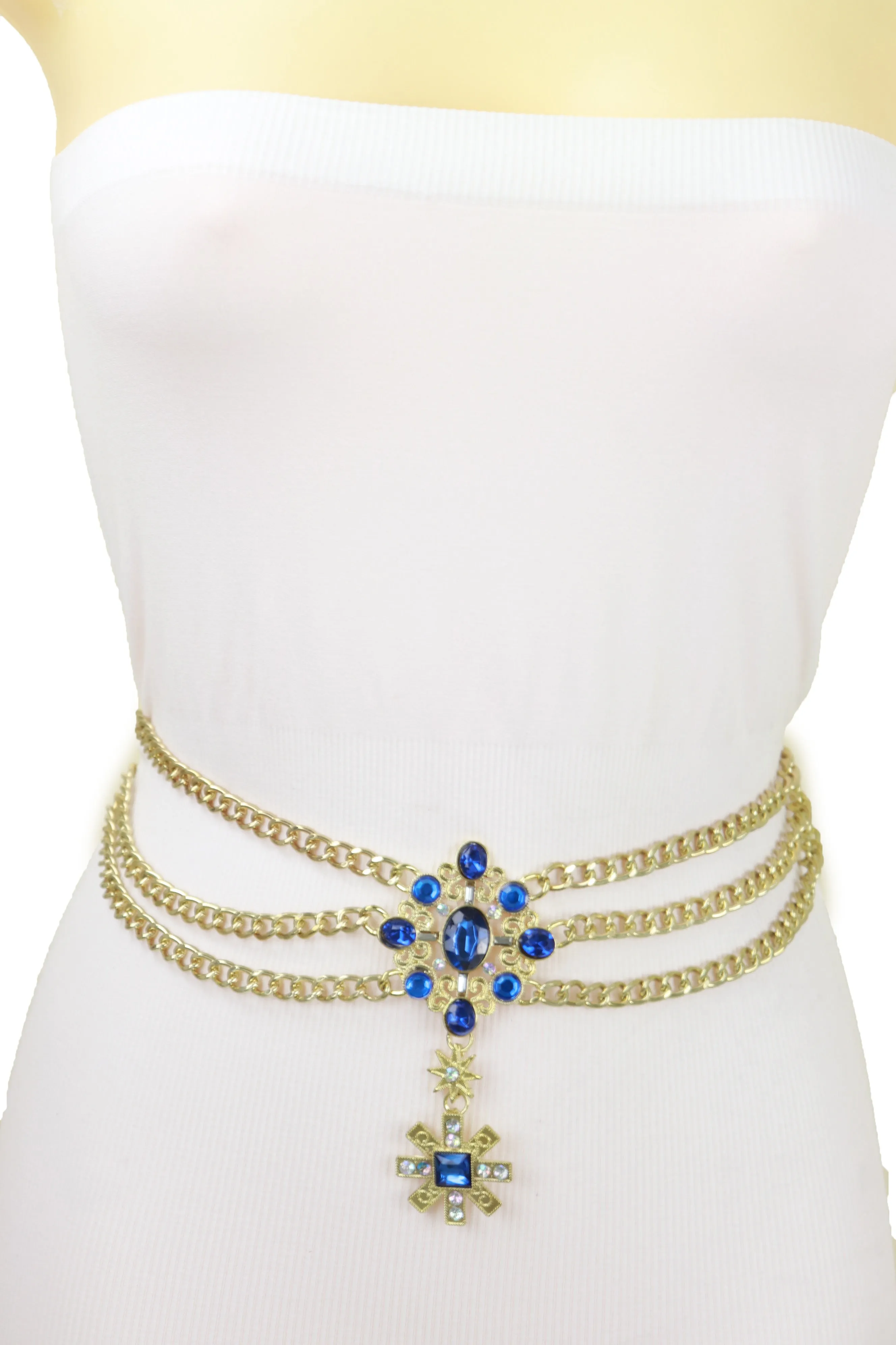 Rusty Gold Metal Chain Belt British Blue Cross Star Charms M