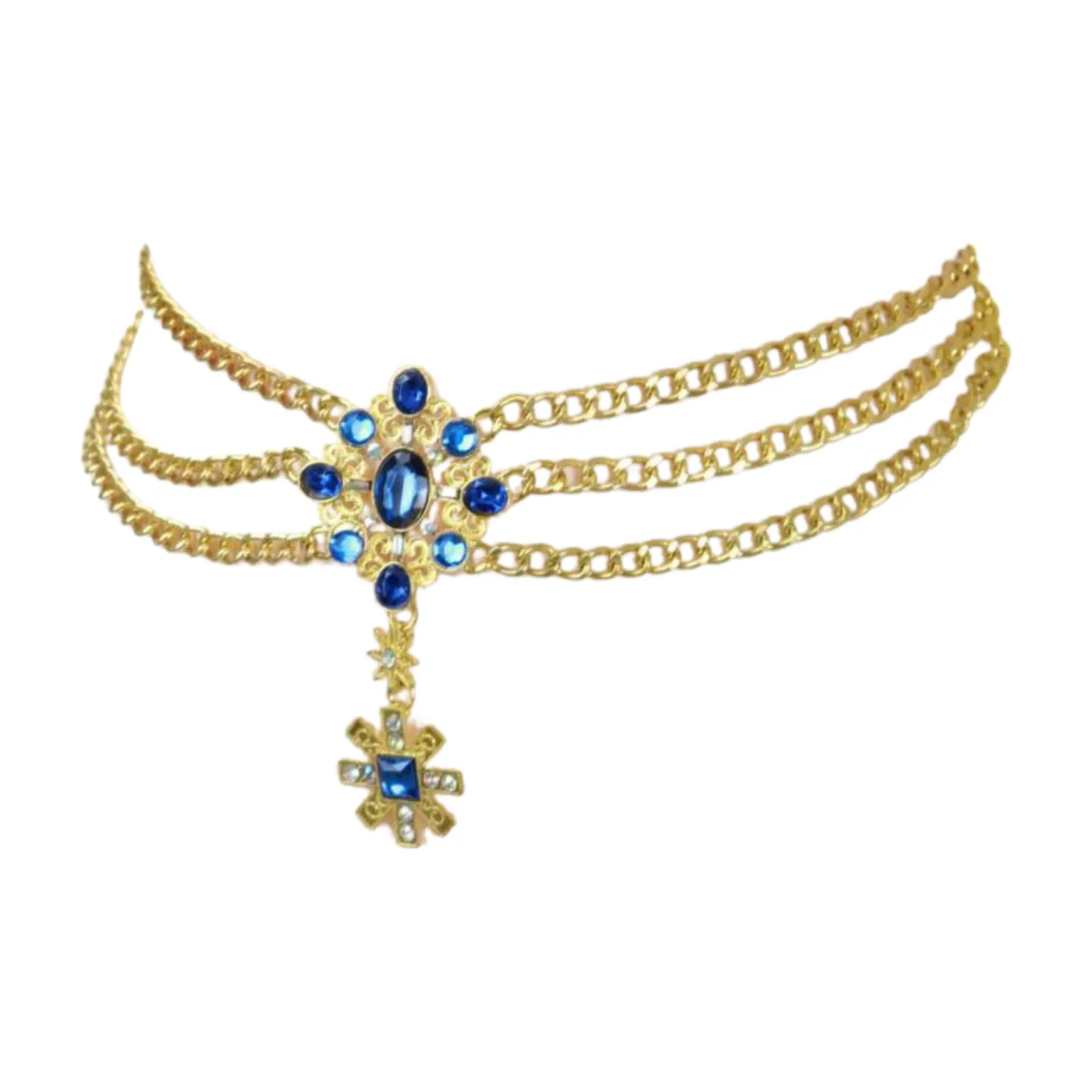 Rusty Gold Metal Chain Belt British Blue Cross Star Charms M