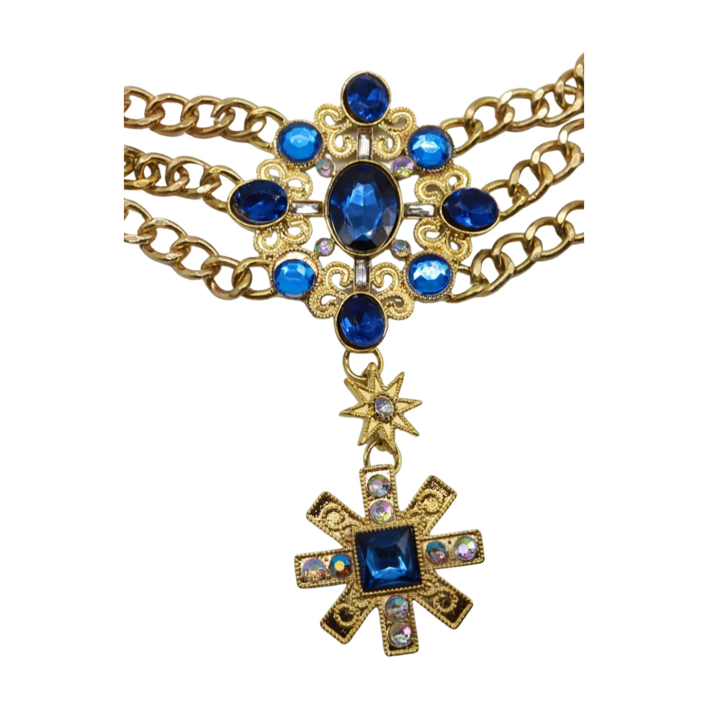 Rusty Gold Metal Chain Belt British Blue Cross Star Charms M