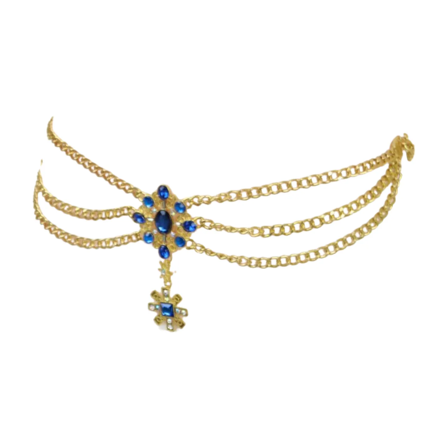 Rusty Gold Metal Chain Belt British Blue Cross Star Charms M