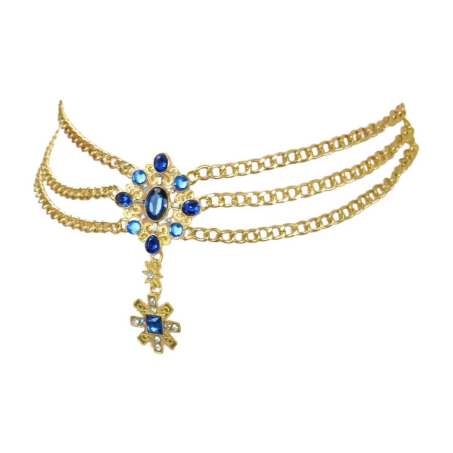 Rusty Gold Metal Chain Belt British Blue Cross Star Charms M