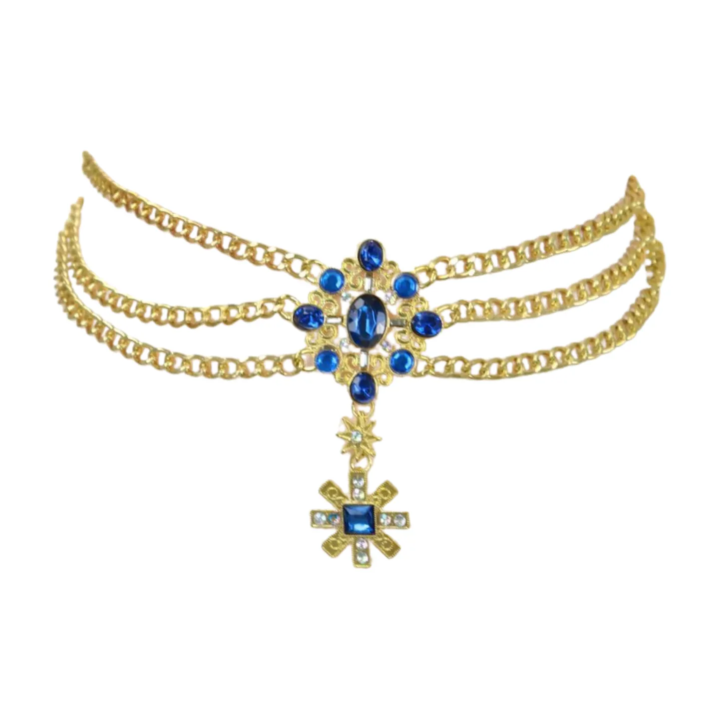 Rusty Gold Metal Chain Belt British Blue Cross Star Charms M